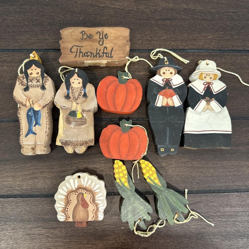 Vtg Hand Painted Wood Thanksgiving Ornaments Lot 10 Pilgrim Native American 5